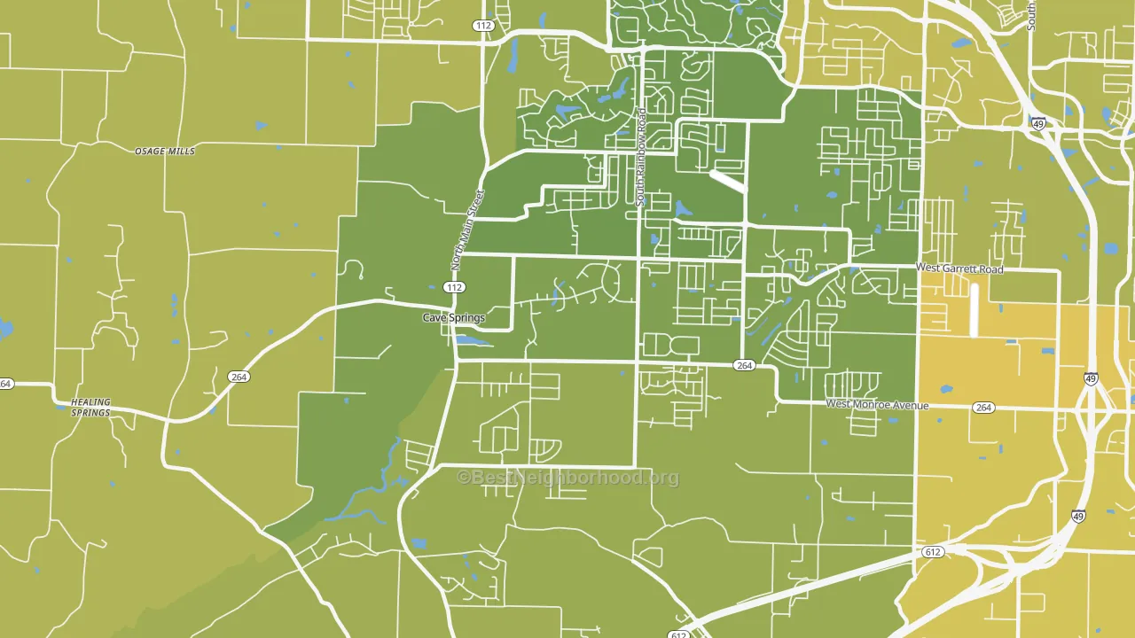 Map of the best neighborhoods in the 72718 area, with better matches in green and worse matches in red