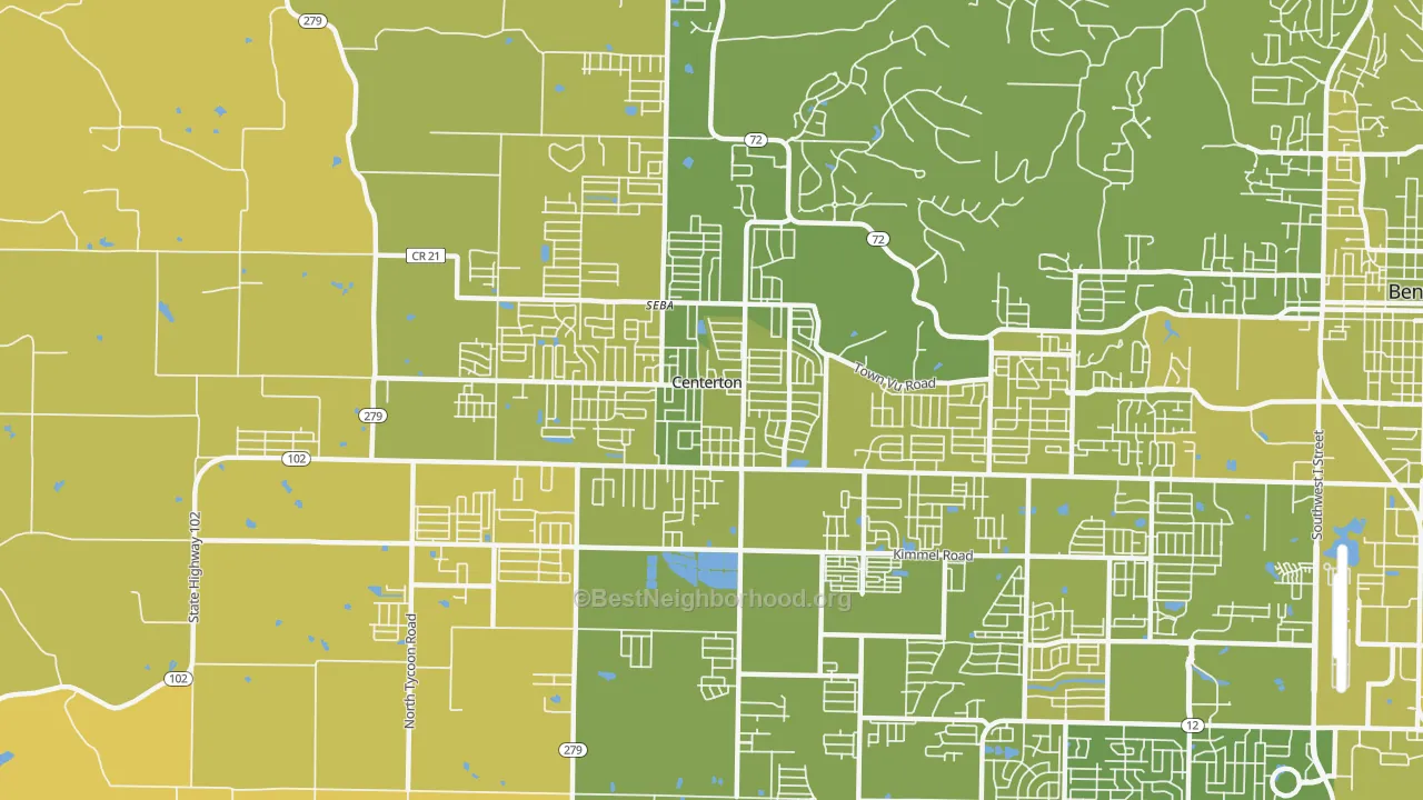 Map of the best neighborhoods in the 72719 area, with better matches in green and worse matches in red