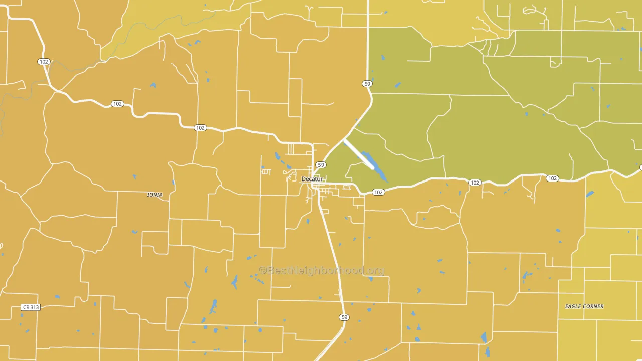 Map of the best neighborhoods in the 72722 area, with better matches in green and worse matches in red