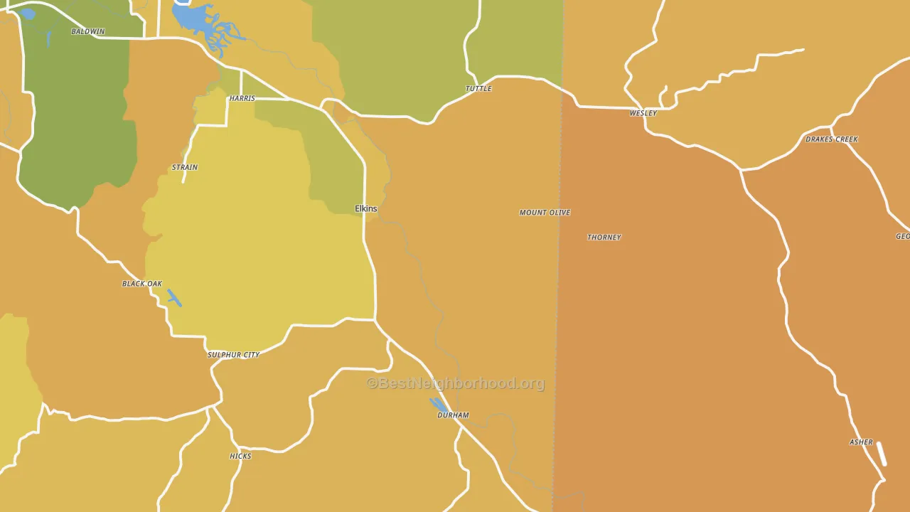 Map of the best neighborhoods in the 72727 area, with better matches in green and worse matches in red