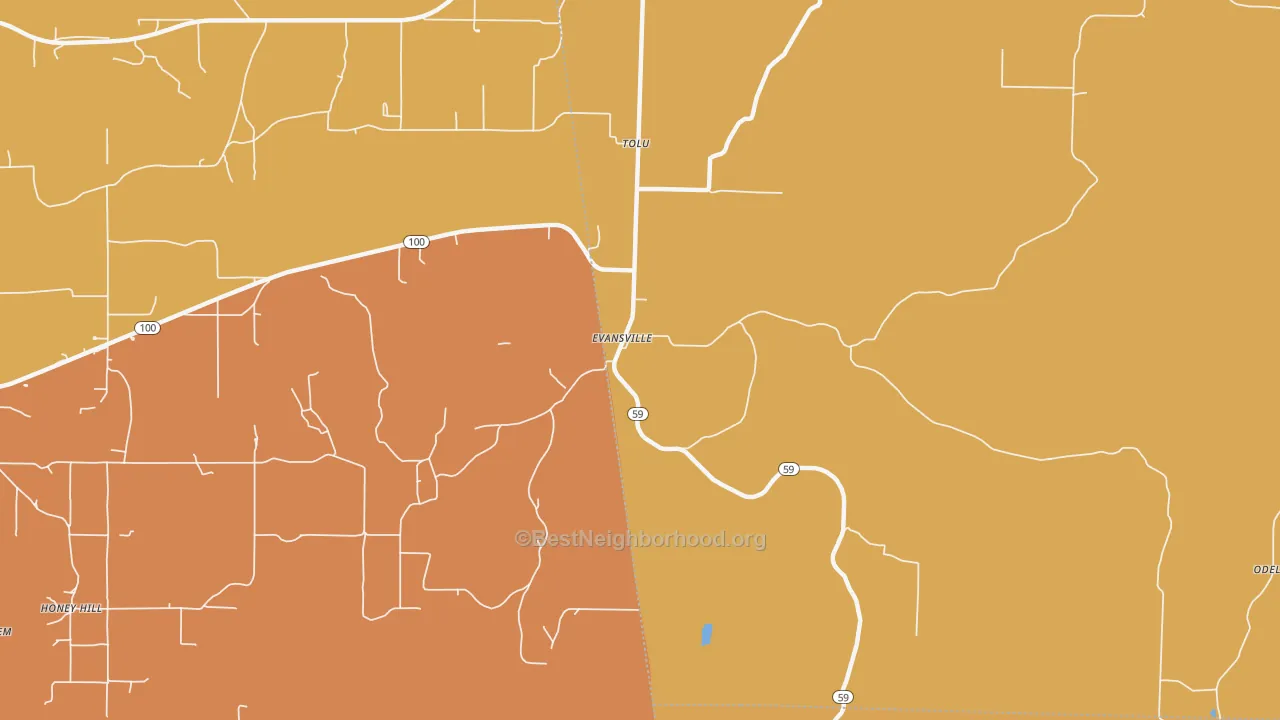Map of the best neighborhoods in the 72729 area, with better matches in green and worse matches in red