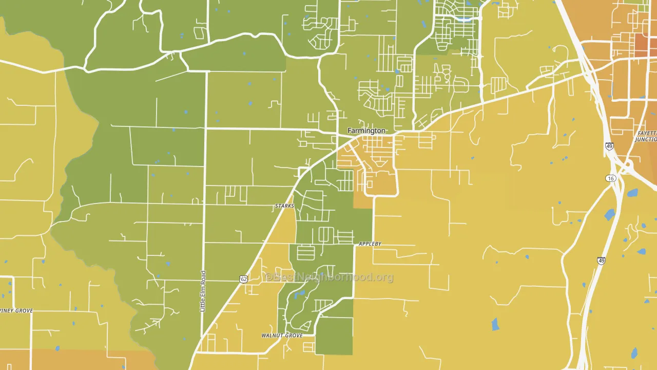 Map of the best neighborhoods in the 72730 area, with better matches in green and worse matches in red