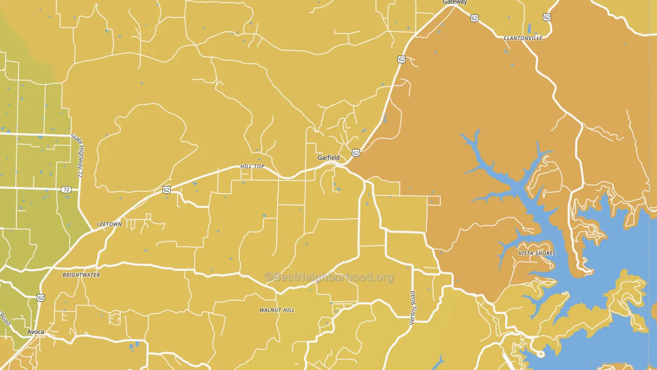 Map of the best neighborhoods in the 72732 area, with better matches in green and worse matches in red