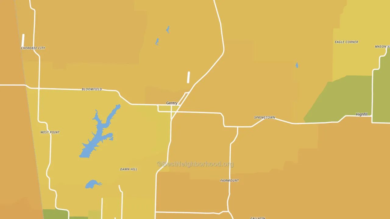Map of the best neighborhoods in the 72734 area, with better matches in green and worse matches in red