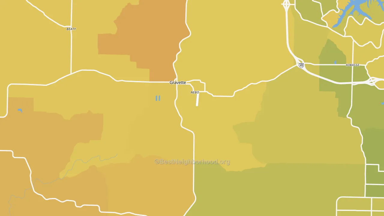 Map of the best neighborhoods in the 72736 area, with better matches in green and worse matches in red