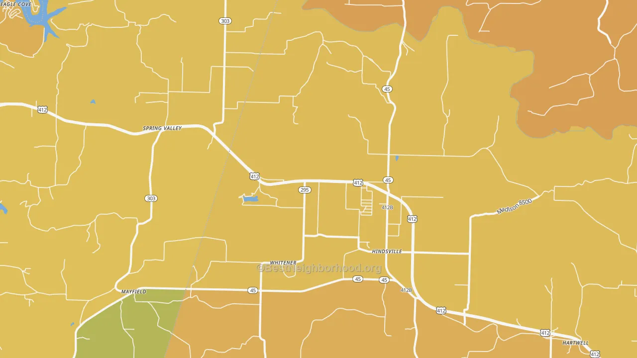 Map of the best neighborhoods in the 72738 area, with better matches in green and worse matches in red