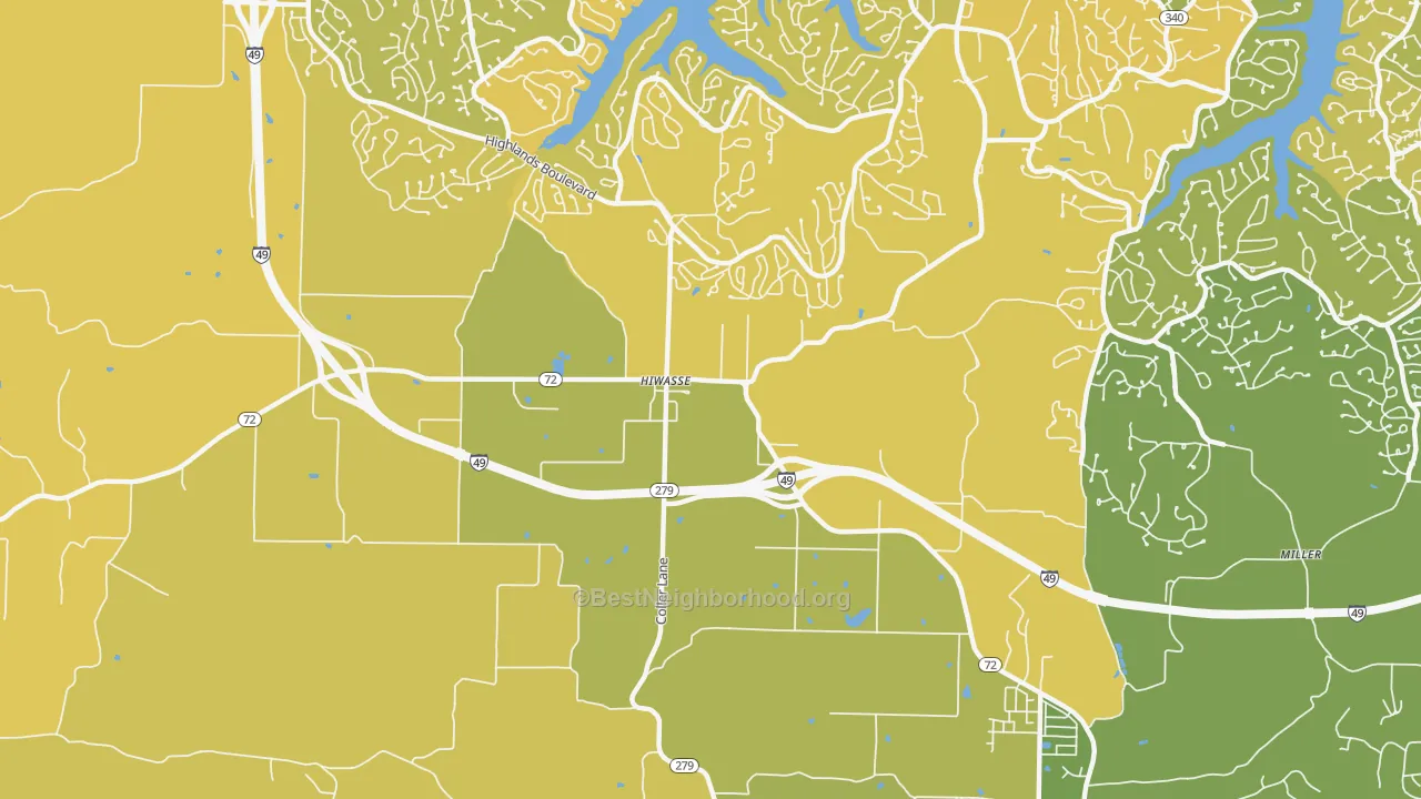 Map of the best neighborhoods in the 72739 area, with better matches in green and worse matches in red