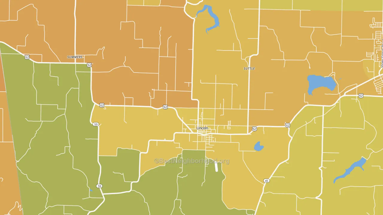 Map of the best neighborhoods in the 72744 area, with better matches in green and worse matches in red