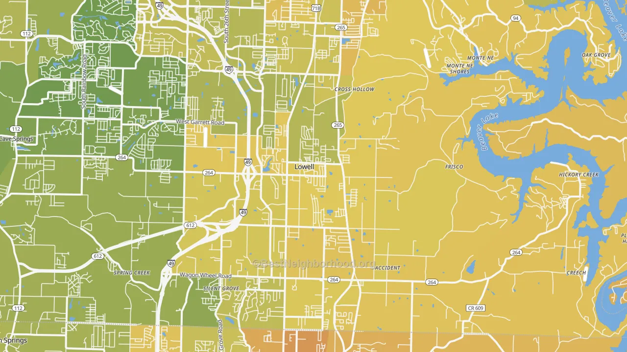 Map of the best neighborhoods in the 72745 area, with better matches in green and worse matches in red