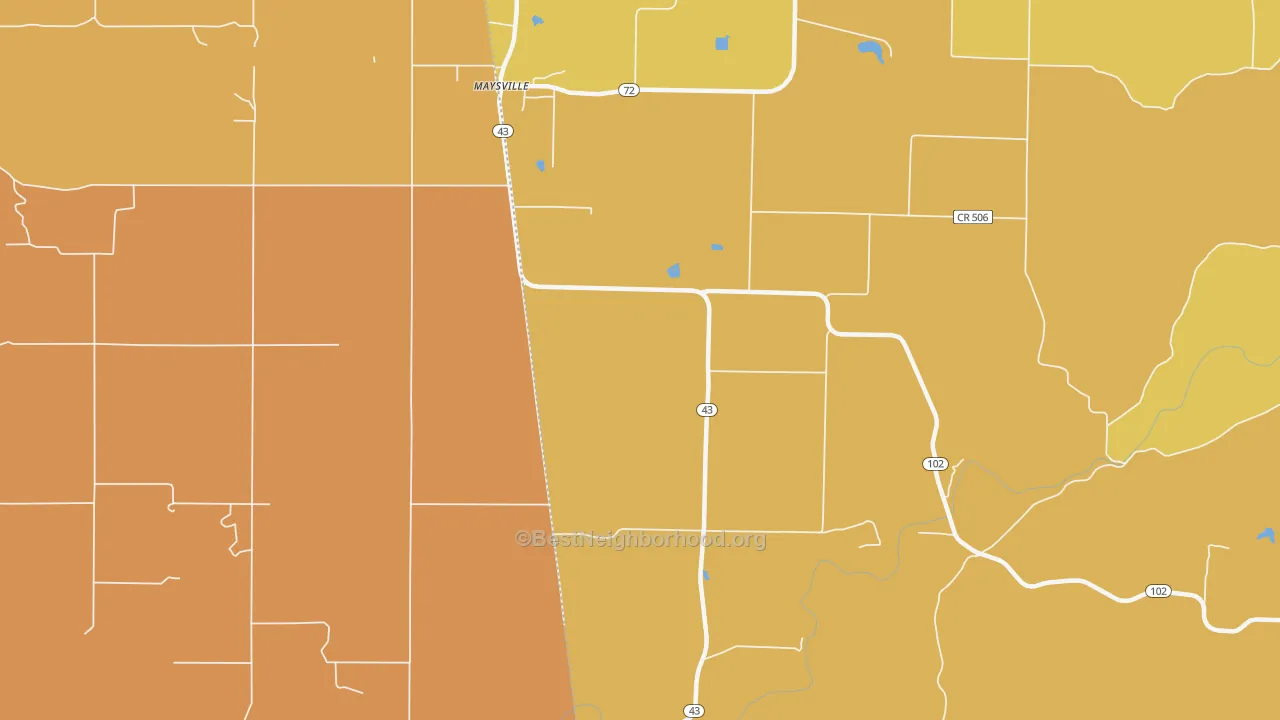 Map of the best neighborhoods in the 72747 area, with better matches in green and worse matches in red