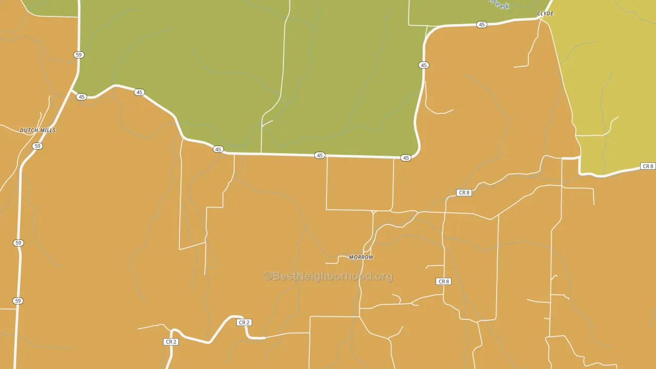 Map of the best neighborhoods in the 72749 area, with better matches in green and worse matches in red
