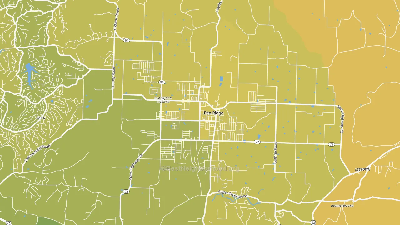 Map of the best neighborhoods in the 72751 area, with better matches in green and worse matches in red