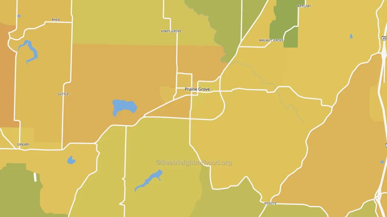 Map of the best neighborhoods in the 72753 area, with better matches in green and worse matches in red