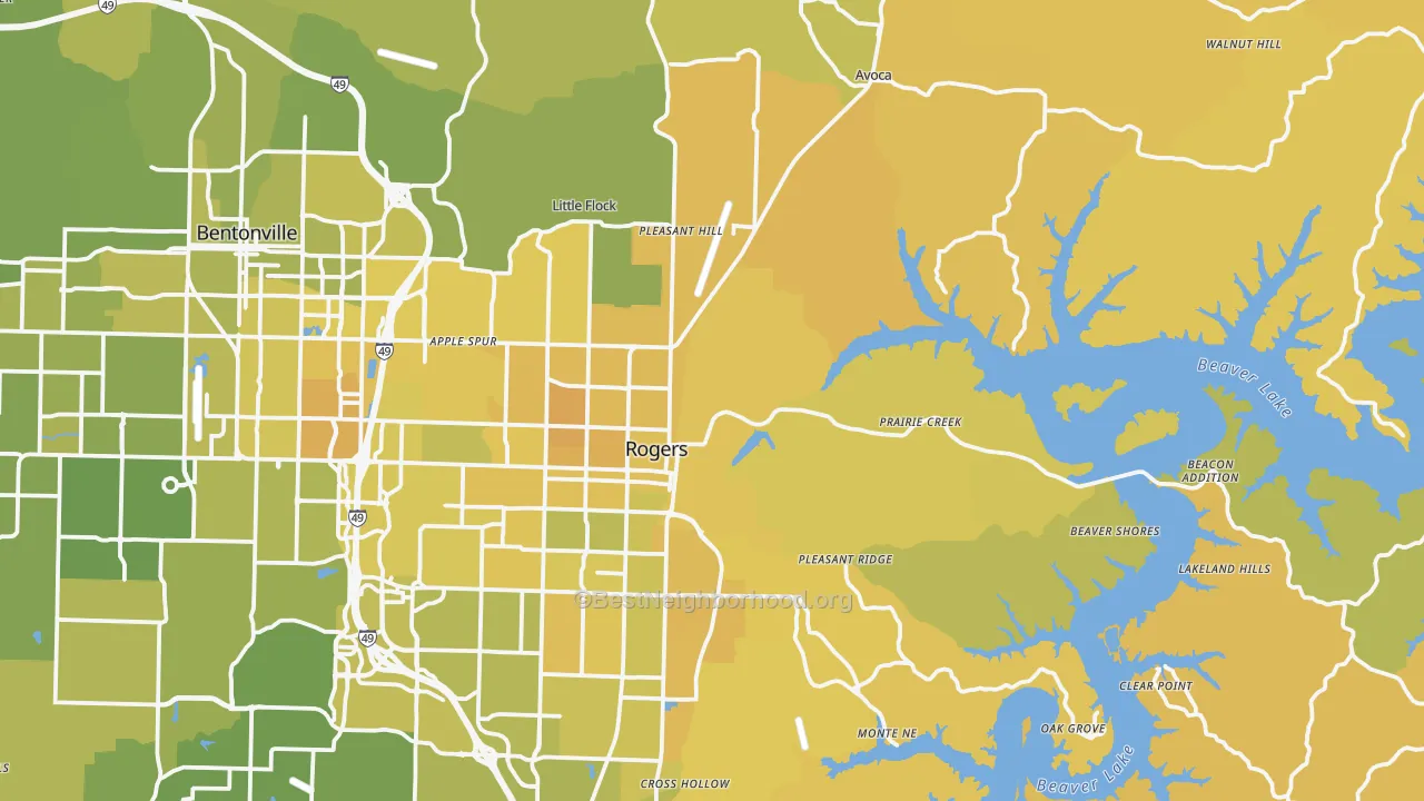 Map of the best neighborhoods in the 72756 area, with better matches in green and worse matches in red