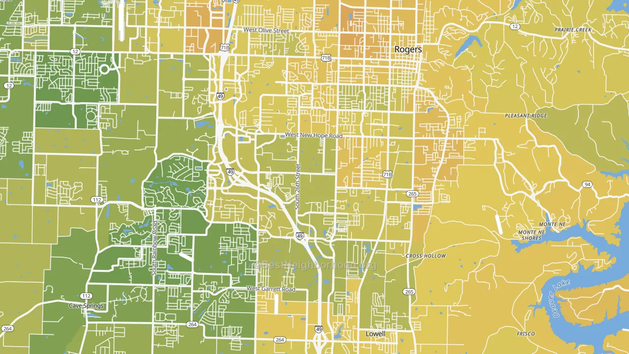 Map of the best neighborhoods in the 72758 area, with better matches in green and worse matches in red
