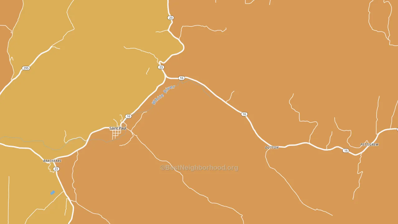 Map of the best neighborhoods in the 72760 area, with better matches in green and worse matches in red