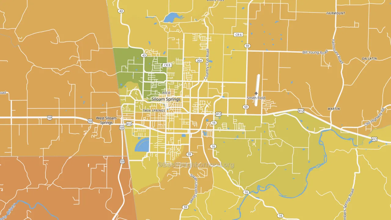 Map of the best neighborhoods in the 72761 area, with better matches in green and worse matches in red