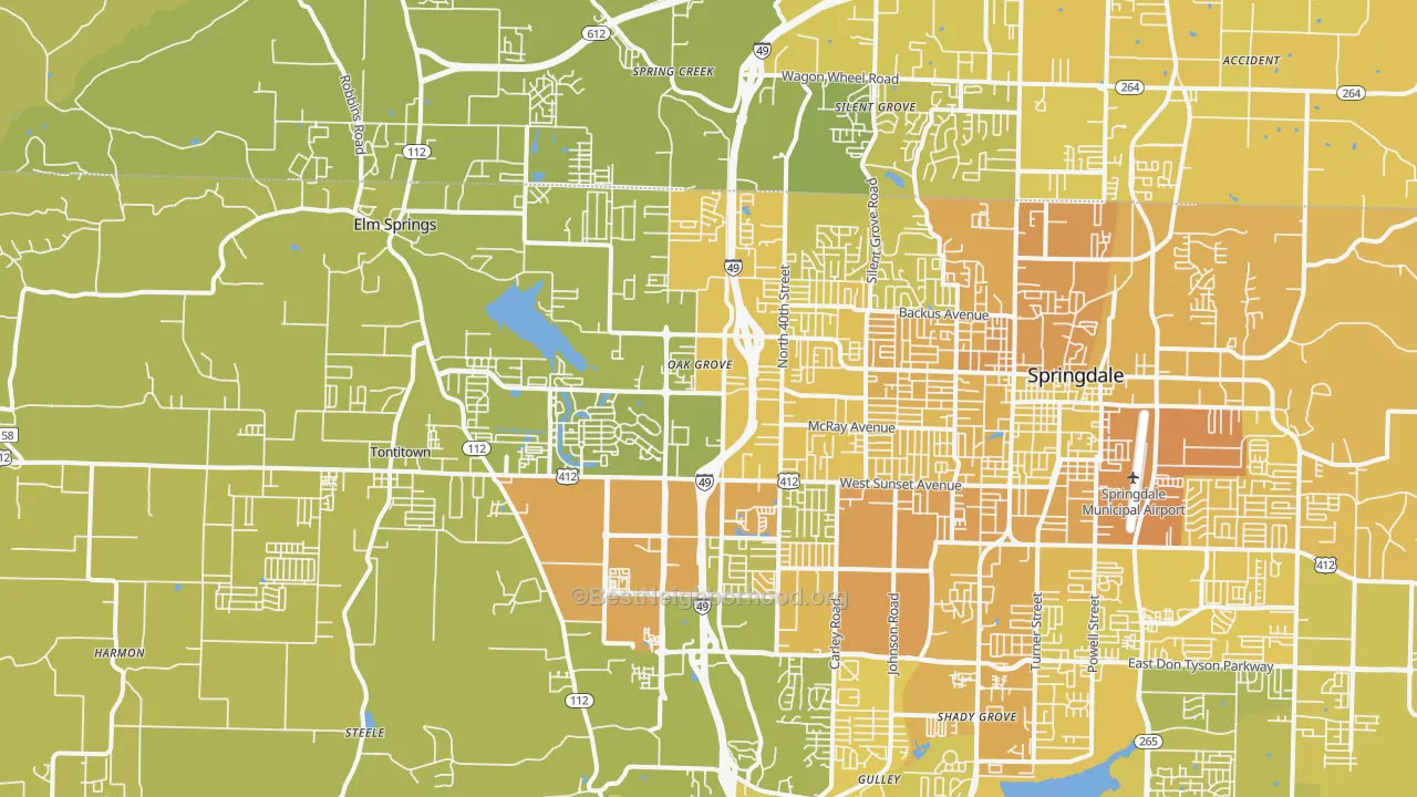 Map of the best neighborhoods in the 72762 area, with better matches in green and worse matches in red