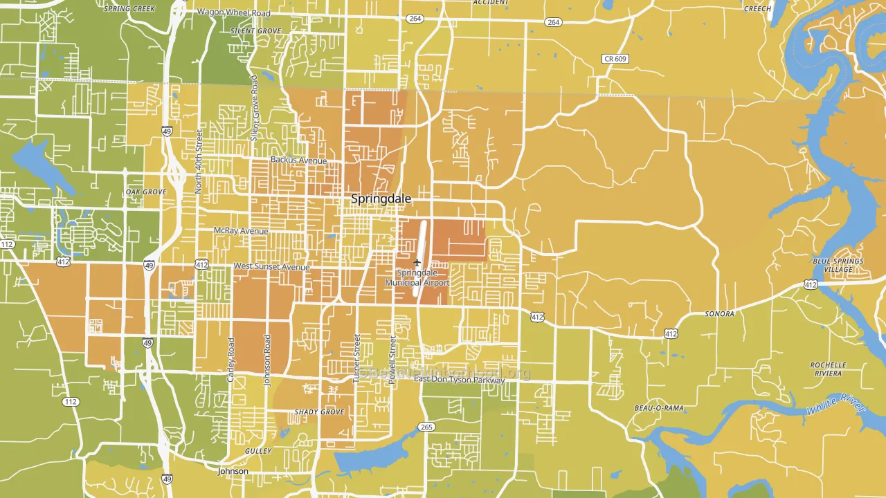 Map of the best neighborhoods in the 72764 area, with better matches in green and worse matches in red