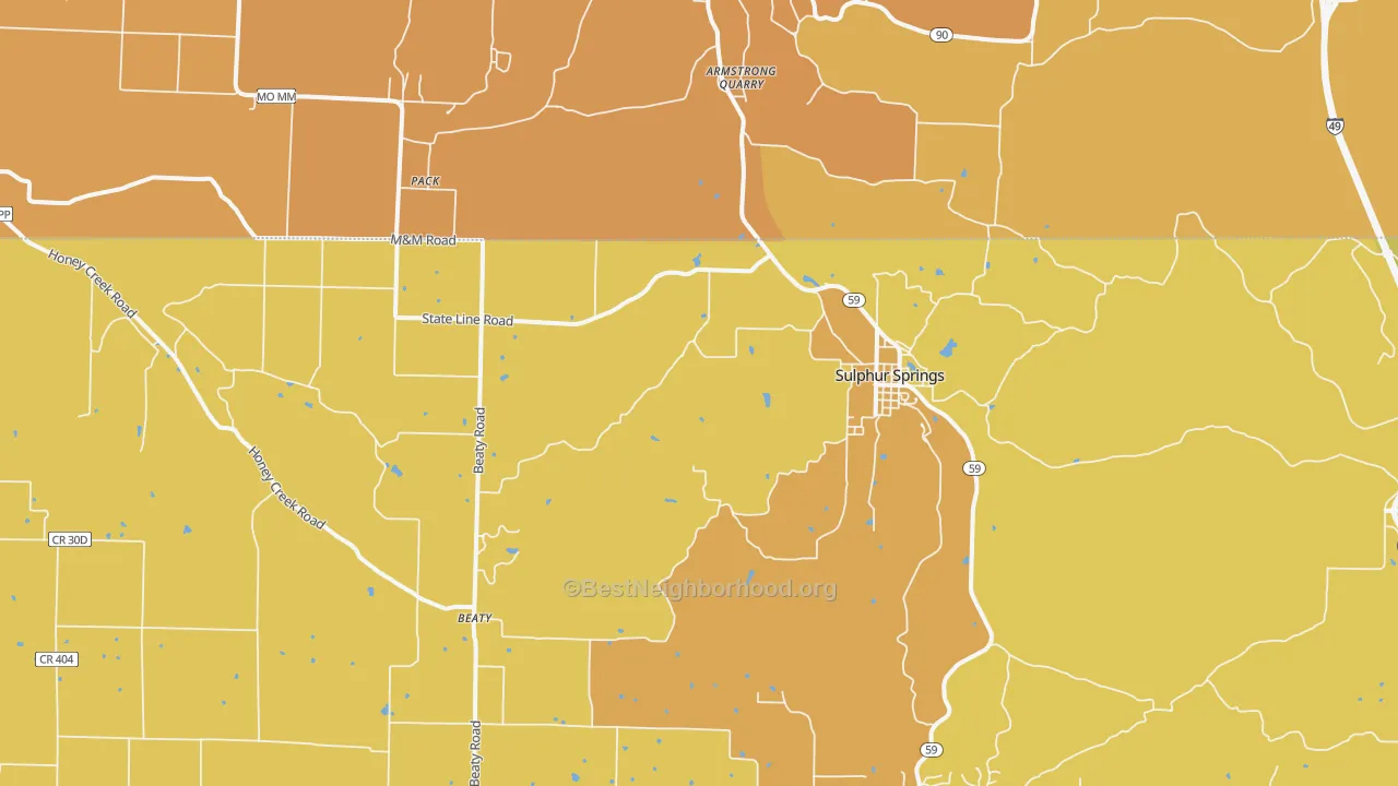 Map of the best neighborhoods in the 72768 area, with better matches in green and worse matches in red