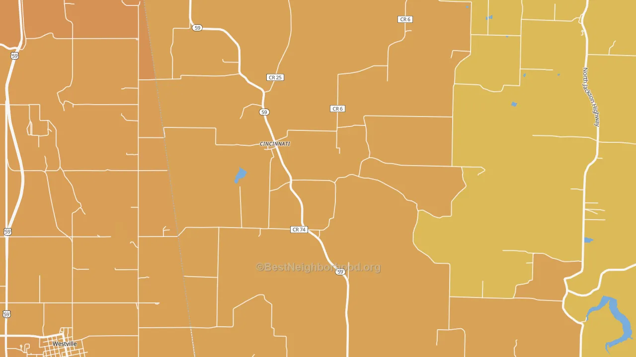 Map of the best neighborhoods in the 72769 area, with better matches in green and worse matches in red