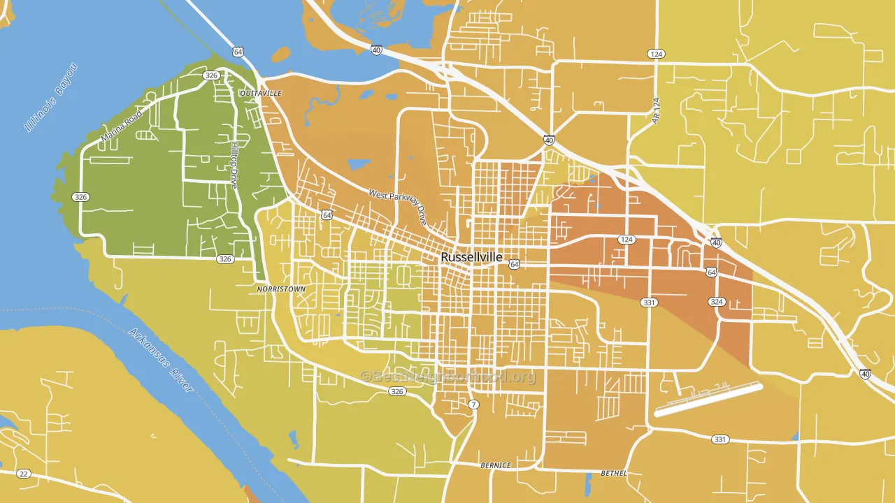 Map of the best neighborhoods in the 72801 area, with better matches in green and worse matches in red