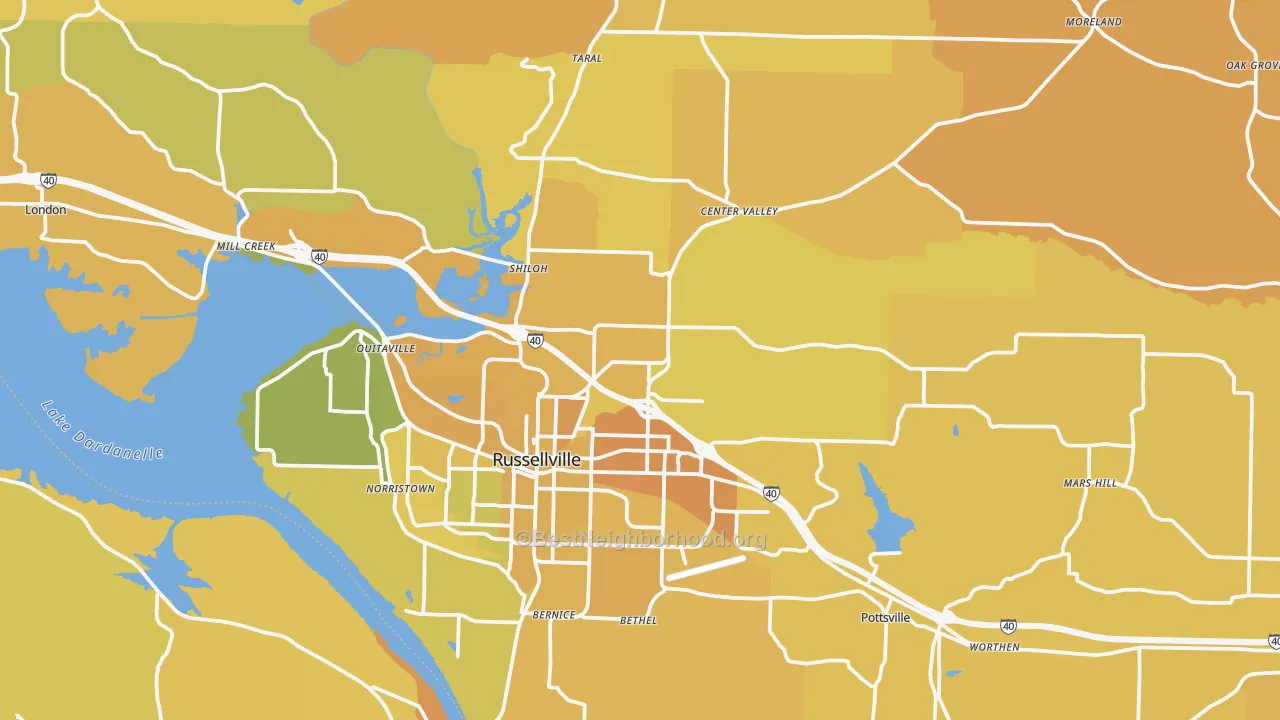 Map of the best neighborhoods in the 72802 area, with better matches in green and worse matches in red