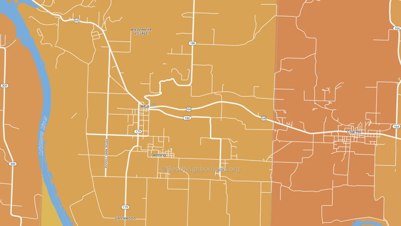 Map of the best neighborhoods in the 72821 area, with better matches in green and worse matches in red