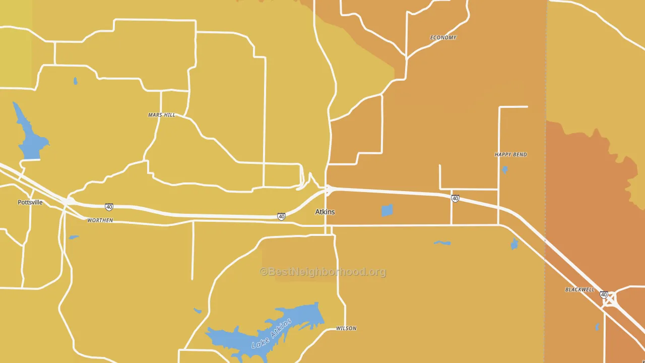 Map of the best neighborhoods in the 72823 area, with better matches in green and worse matches in red