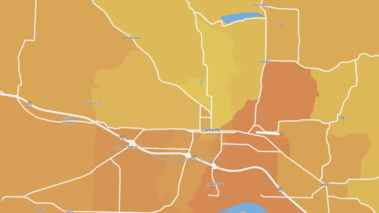 Map of the best neighborhoods in the 72830 area, with better matches in green and worse matches in red