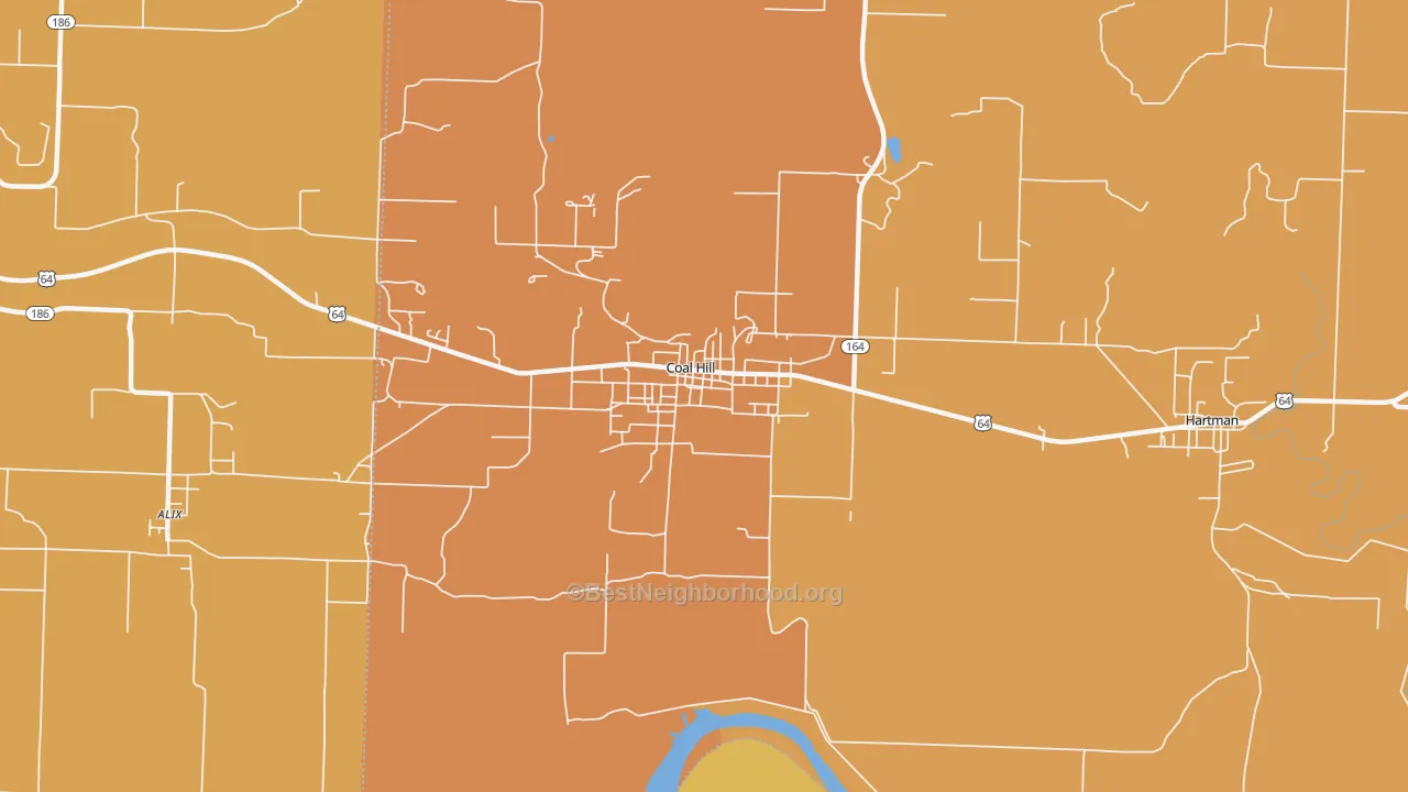Map of the best neighborhoods in the 72832 area, with better matches in green and worse matches in red