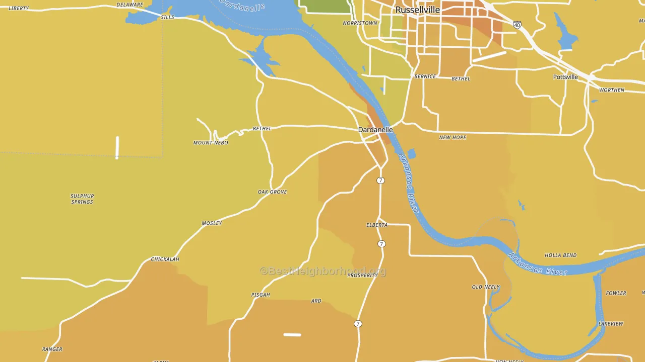 Map of the best neighborhoods in the 72834 area, with better matches in green and worse matches in red