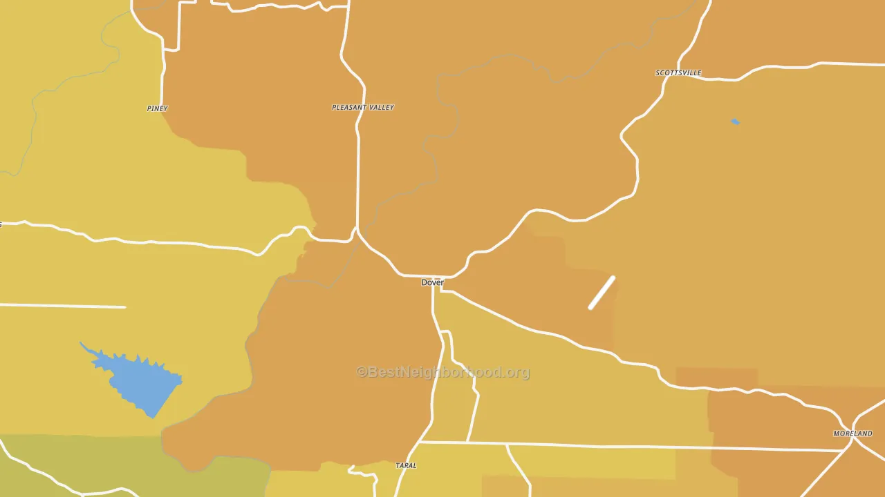 Map of the best neighborhoods in the 72837 area, with better matches in green and worse matches in red