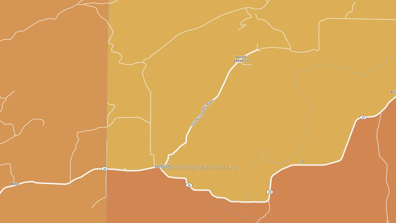 Map of the best neighborhoods in the 72838 area, with better matches in green and worse matches in red