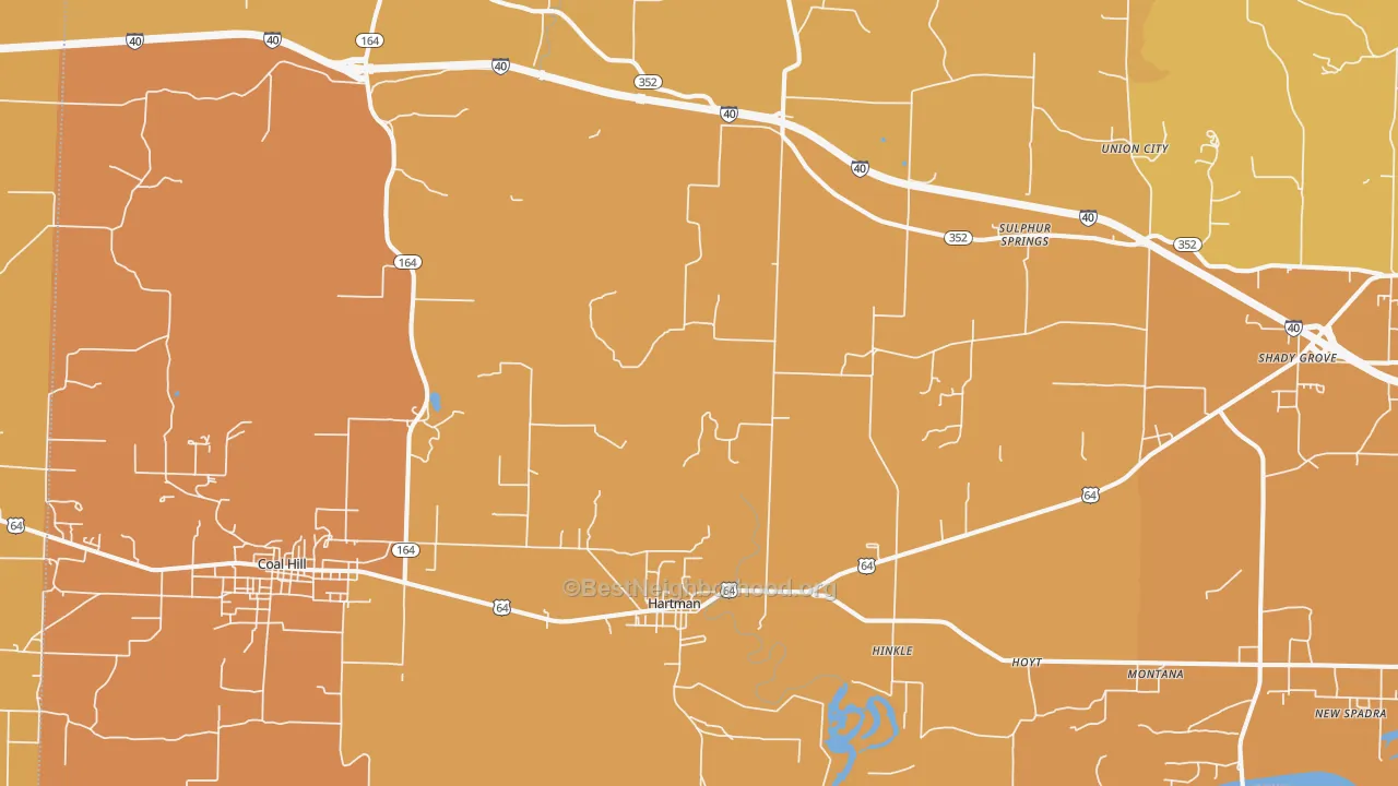 Map of the best neighborhoods in the 72840 area, with better matches in green and worse matches in red