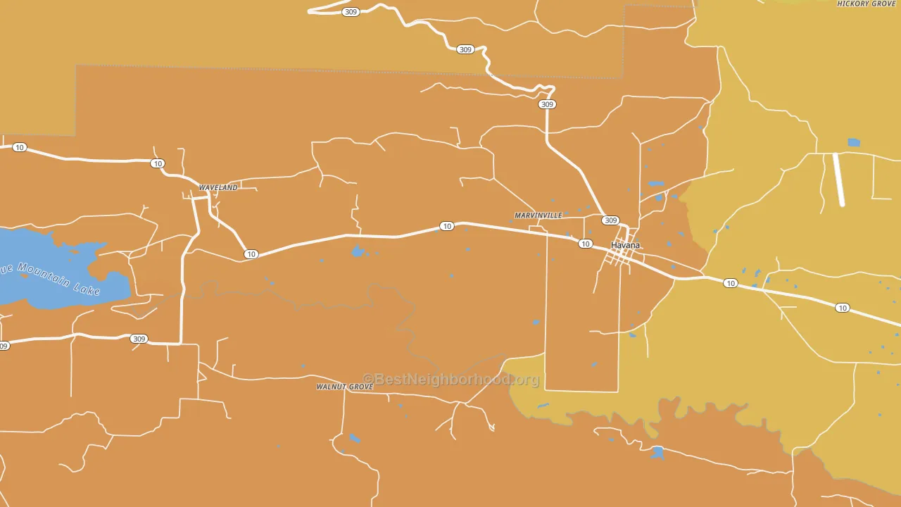 Map of the best neighborhoods in the 72842 area, with better matches in green and worse matches in red
