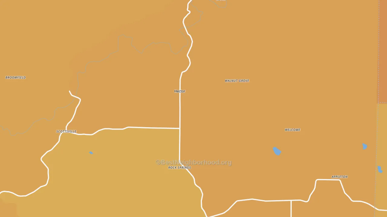 Map of the best neighborhoods in the 72843 area, with better matches in green and worse matches in red