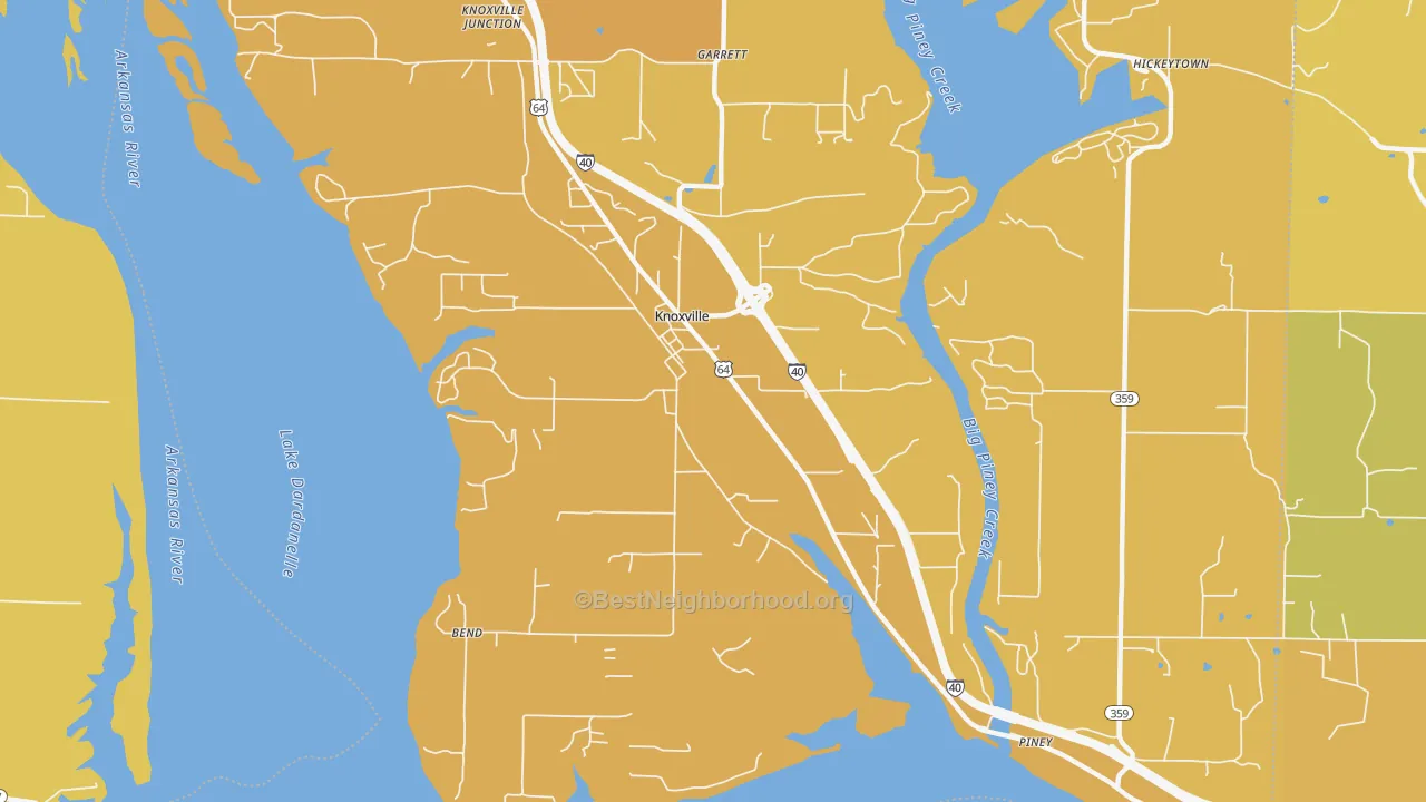 Map of the best neighborhoods in the 72845 area, with better matches in green and worse matches in red