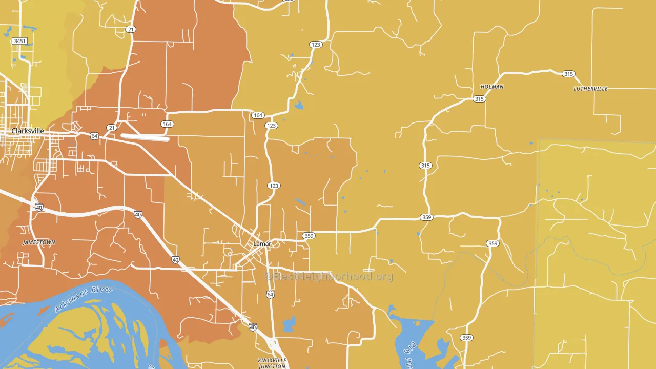 Map of the best neighborhoods in the 72846 area, with better matches in green and worse matches in red