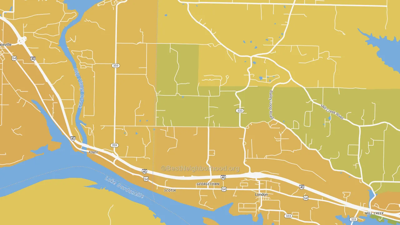 Map of the best neighborhoods in the 72847 area, with better matches in green and worse matches in red