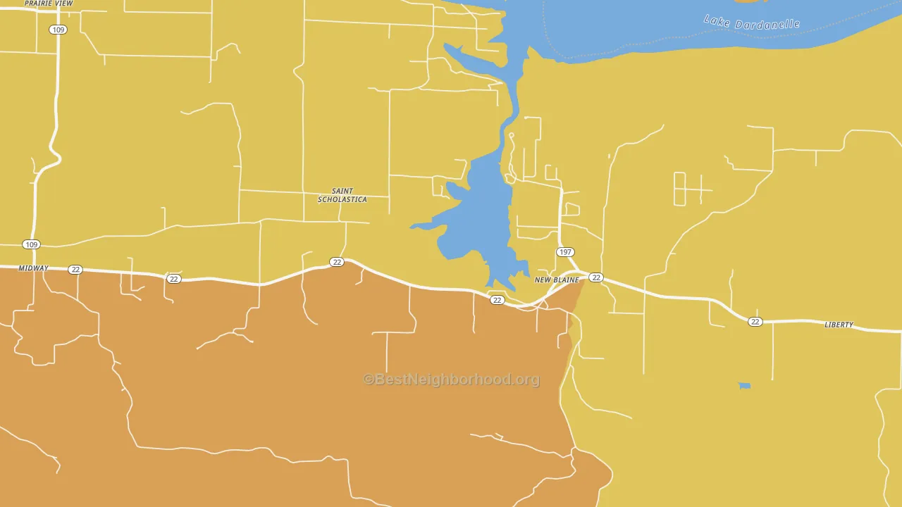Map of the best neighborhoods in the 72851 area, with better matches in green and worse matches in red