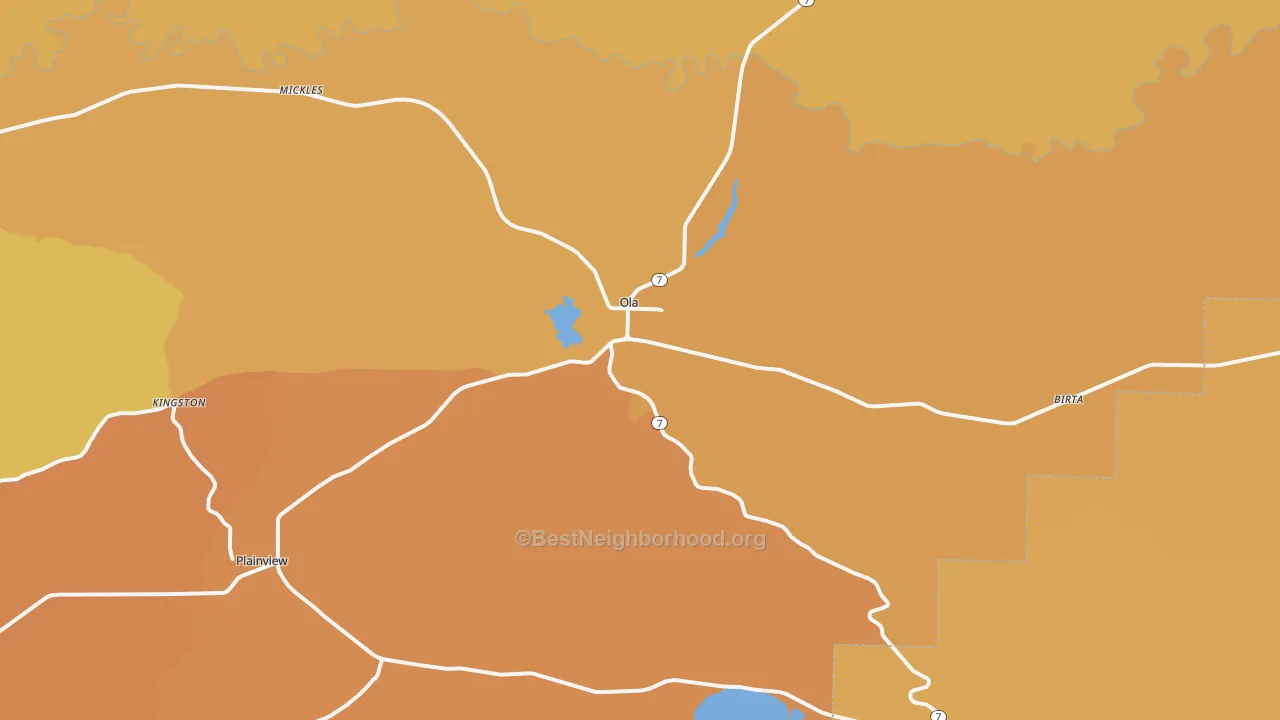Map of the best neighborhoods in the 72853 area, with better matches in green and worse matches in red