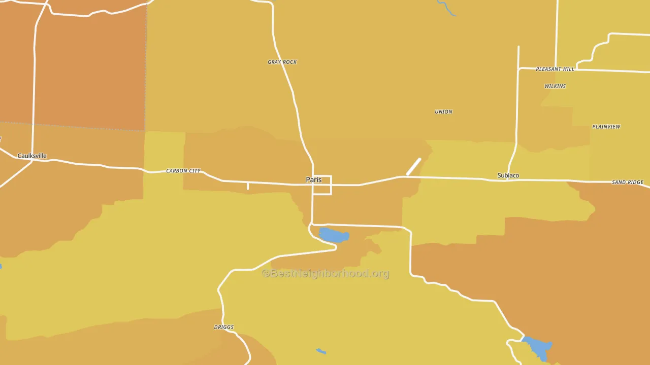 Map of the best neighborhoods in the 72855 area, with better matches in green and worse matches in red