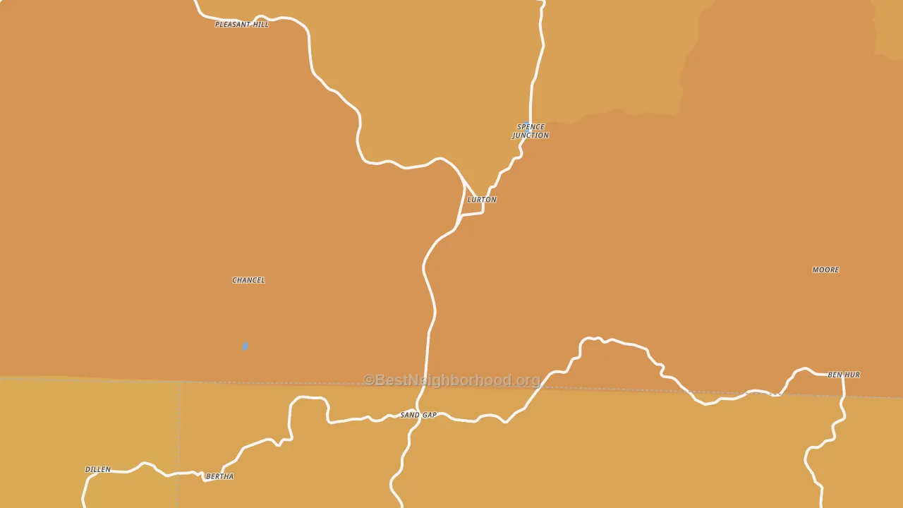 Map of the best neighborhoods in the 72856 area, with better matches in green and worse matches in red