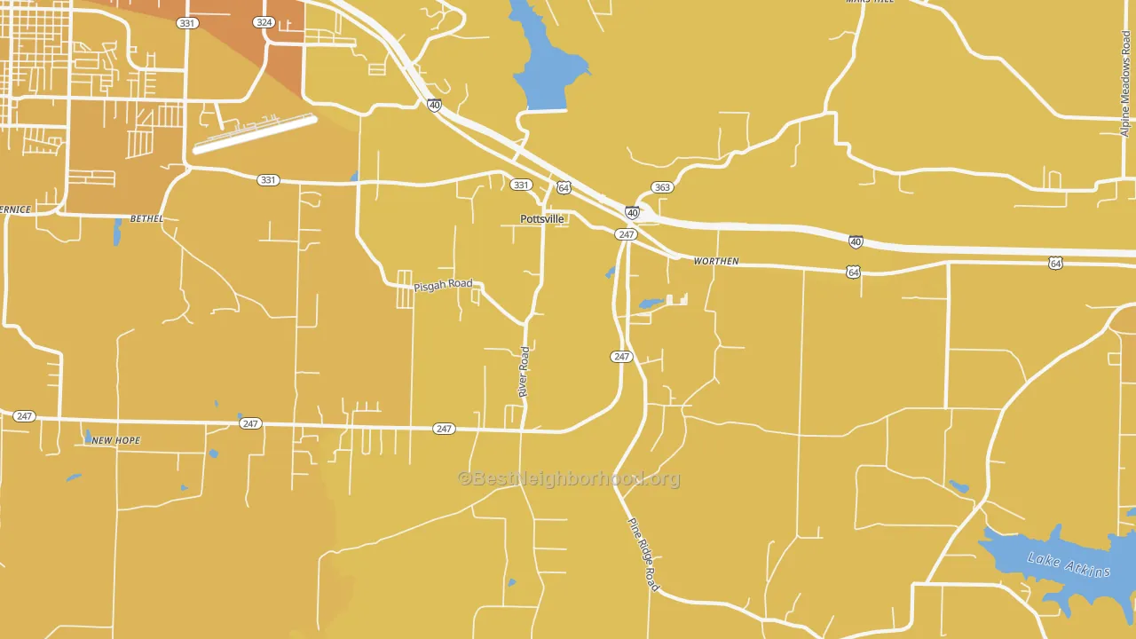 Map of the best neighborhoods in the 72858 area, with better matches in green and worse matches in red