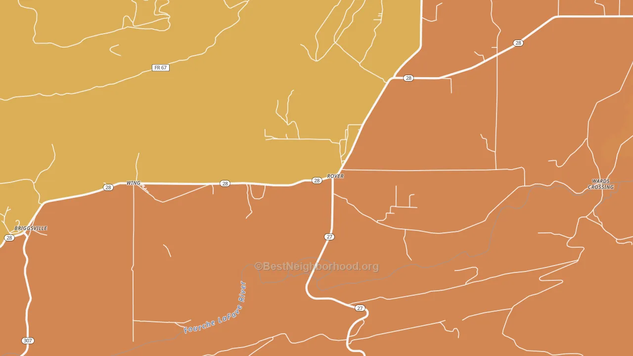 Map of the best neighborhoods in the 72860 area, with better matches in green and worse matches in red