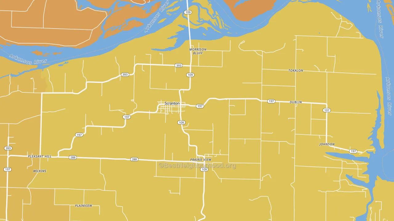 Map of the best neighborhoods in the 72863 area, with better matches in green and worse matches in red