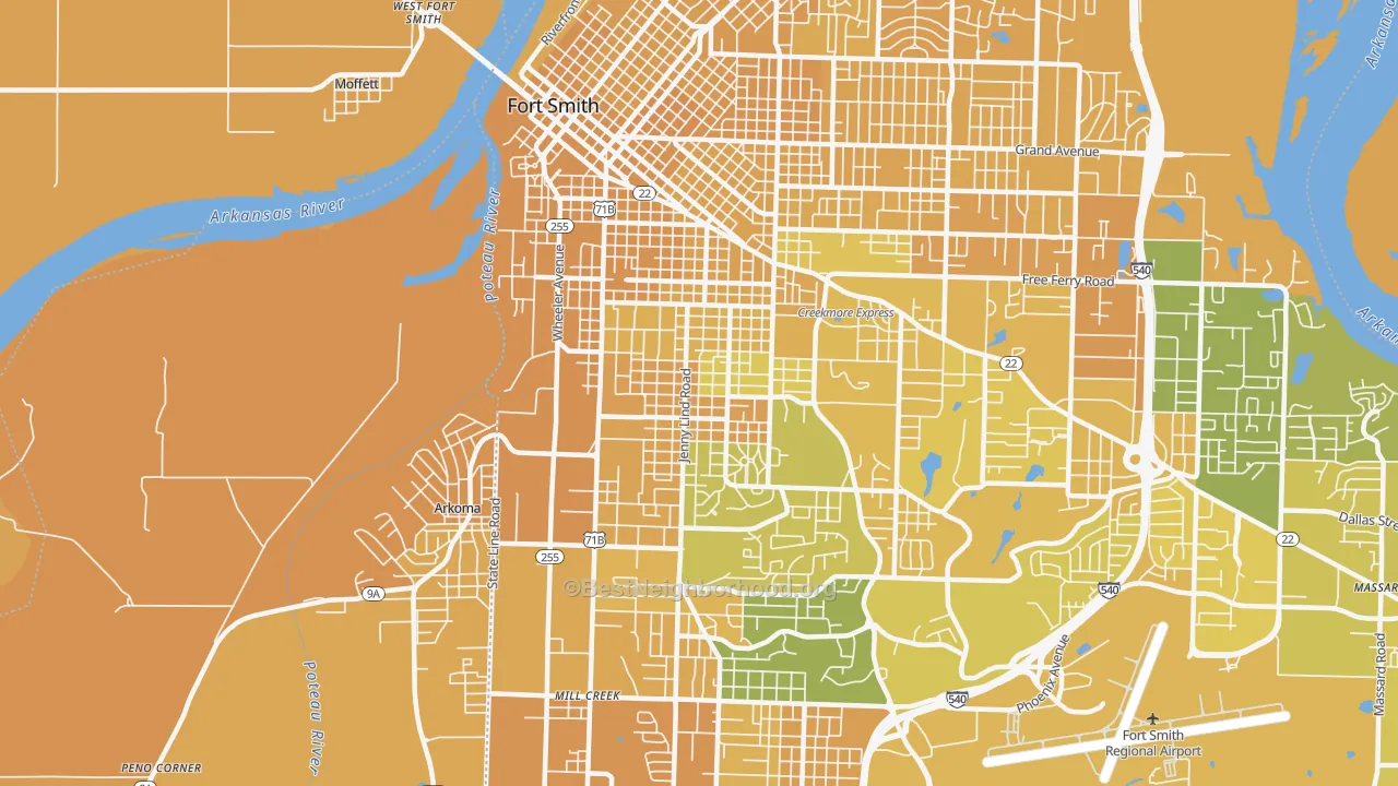 Map of the best neighborhoods in the 72901 area, with better matches in green and worse matches in red