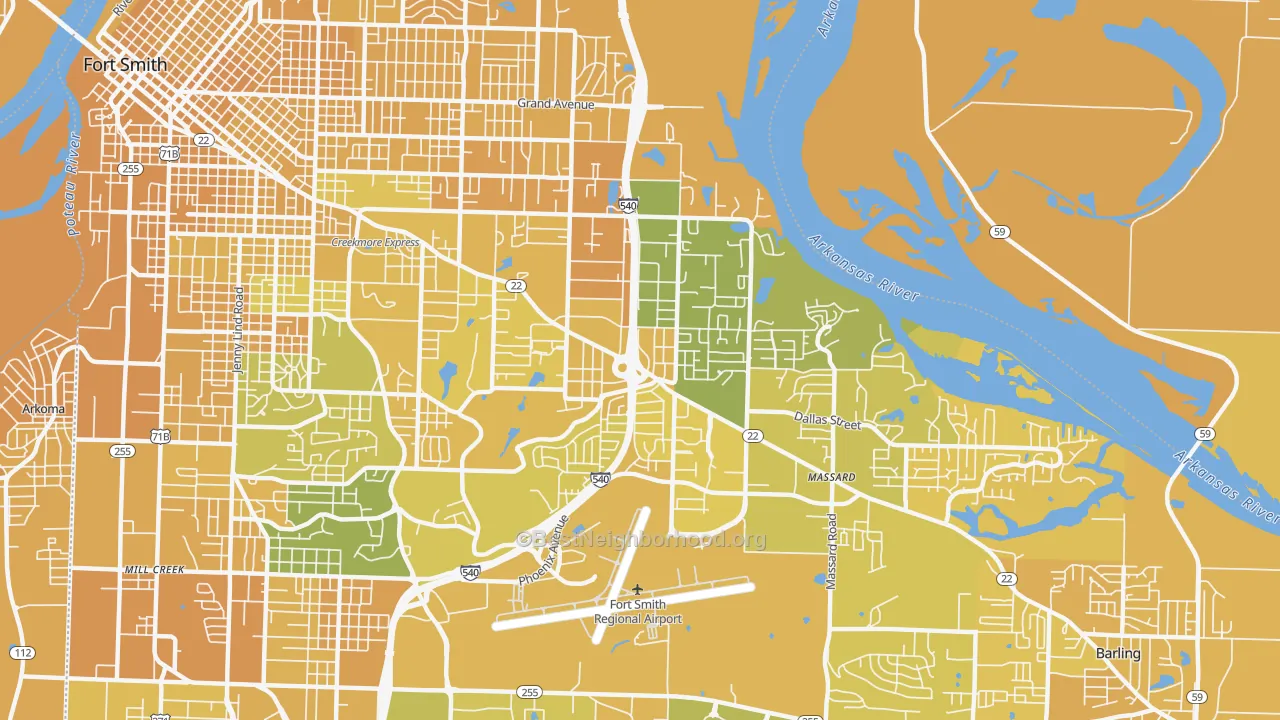 Map of the best neighborhoods in the 72903 area, with better matches in green and worse matches in red