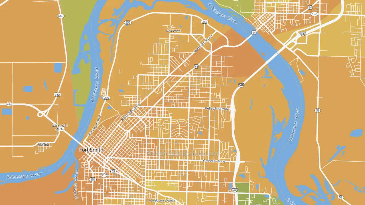 Map of the best neighborhoods in the 72904 area, with better matches in green and worse matches in red